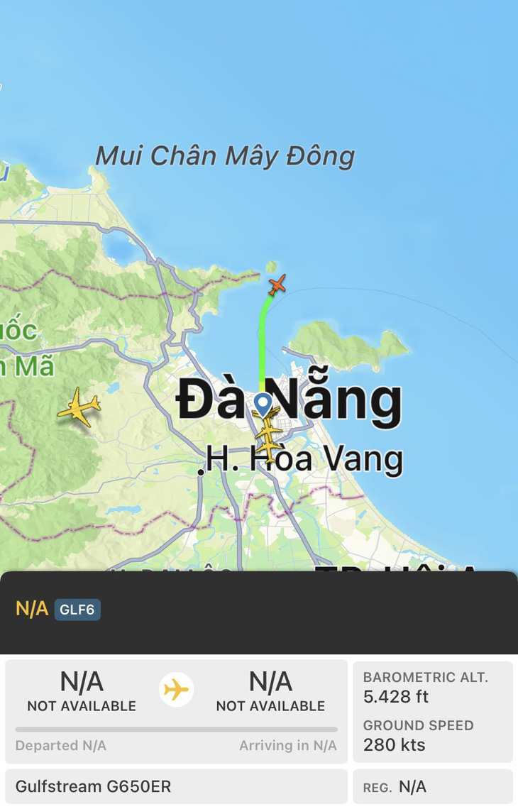 Dữ liệu trên ứng dụng Flightradar24 vào thời điểm máy bay chở tỉ phú Bill Gates vừa rời khỏi Đà Nẵng - Ảnh chụp lại màn hình