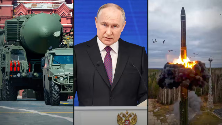 Tên lửa đạn đạo Yars có khả năng mang đầu đạn hạt nhân trong cuộc duyệt binh của Nga năm 2020 (bìa trái), Tổng thống Nga Vladimir Putin (giữa), và tên lửa Yars trong cuộc thử nghiệm ở Nga vào năm 2022 (bìa phải) - Ảnh: SBS News/AAP
