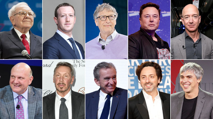 (Từ trái sang, từ trên xuống) Tỉ phú Warren Buffett, Mark Zuckerberg, Bill Gates, Elon Musk, Jeff Bezos, Steve Ballmer, Larry Ellison, Bernard Arnault, Sergey Brin, Larry Page - Ảnh: CNN/GETTY IMAGES