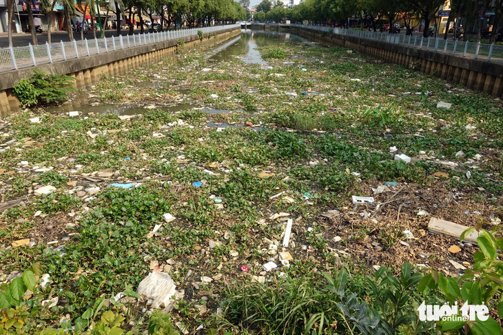 Rác thải các loại cùng với cây cỏ, lục bình ngập kéo dài hàng trăm mét trên kênh Nhiêu Lộc - Ảnh: NGUYỄN CÔNG THÀNH