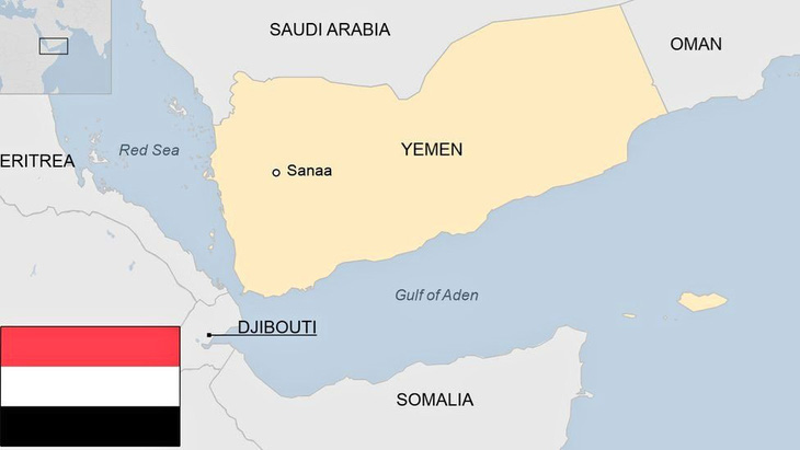 Vị trí Biển Đỏ (Red Sea), vịnh Aden (Gulf of Aden), và các nước trong khu vực. Trong ảnh là cờ của Yemen - Ảnh: BBC