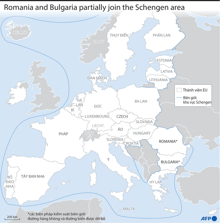Khu vực Schengen sau khi Romania và Bulgaria gia nhập một phần từ ngày 31-3-2024 - Nguồn: AFP - Việt hóa: NGHI VŨ