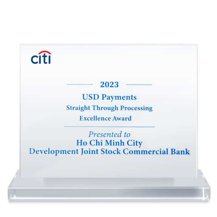 &quot;Giải thưởng chất lượng thanh toán quốc tế xuất sắc năm 2023&quot; (Straight Through Processing - STP) do Citibank trao tặng cho HDBank