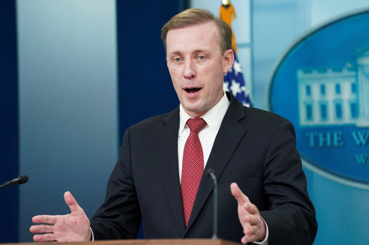 Cố vấn an ninh quốc gia Mỹ Jake Sullivan trong họp báo tại Nhà Trắng ngày 9-4 - Ảnh: REUTERS
