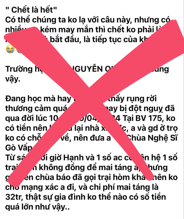 Thông tin bịa đặt gây ảnh hưởng đến chùa Nghệ sĩ - Ảnh: Facebook Trịnh Kim Chi