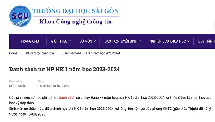 Khoa công nghệ thông tin Trường đại học Sài Gòn công bố danh sách sinh viên nợ học phí trên website - Ảnh: chụp màn hình