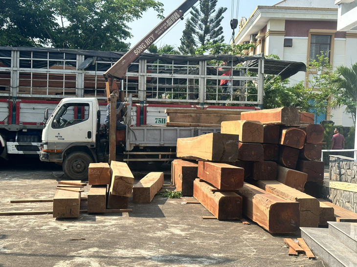 Theo Công an Phú Yên, số lượng gỗ từ xe tải biển số Thừa Thiên Huế chở nhiều hơn so với số lượng gỗ trong hồ sơ lâm sản do tài xế cung cấp - Ảnh: LINH NGUYÊN