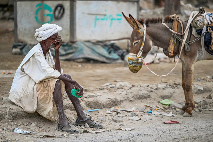 Ông lão này đang ngồi chờ đến lượt đổ nước vào chiếc bình chứa để con lừa chở về tại TP Port Sudan của Sudan. Quốc gia châu Phi này vốn đã bị tàn phá bởi chiến tranh kể từ tháng 4-2023 tới nay, giờ lại đang đối mặt với cuộc khủng hoảng thiếu nước. Hàng chục ngàn người đã chết và hàng triệu người đã phải bỏ xứ mà đi. (AFP)