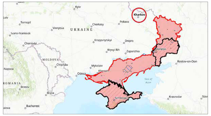 Thành phố Kharkov cạnh các khu vực do Nga kiểm soát dọc miền đông và nam Ukraine - Nguồn: ISW
