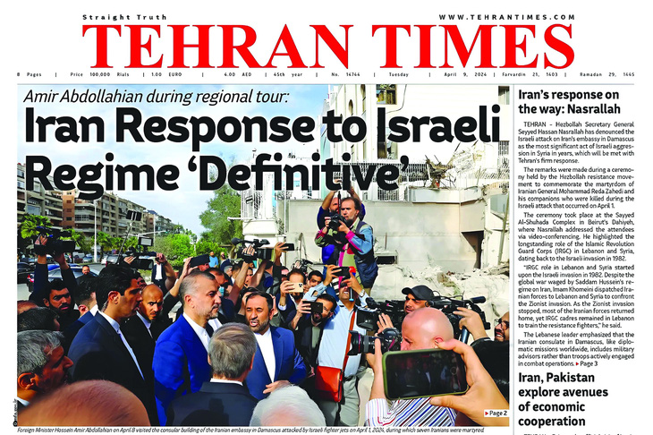 Trang bìa Tehran Times ngày 9-4. Ảnh: X