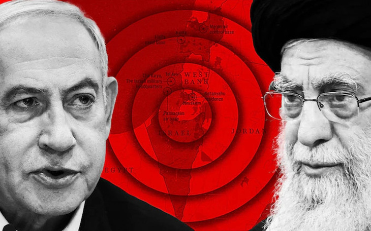 Ảnh ghép cho thấy Thủ tướng Israel Benjamin Netanyahu (trái), Lãnh tụ tối cao Iran Ali Khamenei và bản đồ khu vực Trung Đông - Ảnh: THE TELEGRAPH