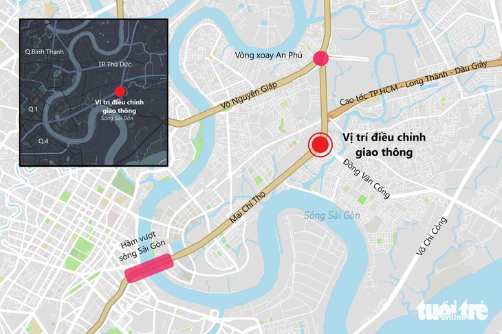 Vị trí giao lộ Đồng Văn Cống - Mai Chí Thọ - Đồ họa: PHƯƠNG NHI