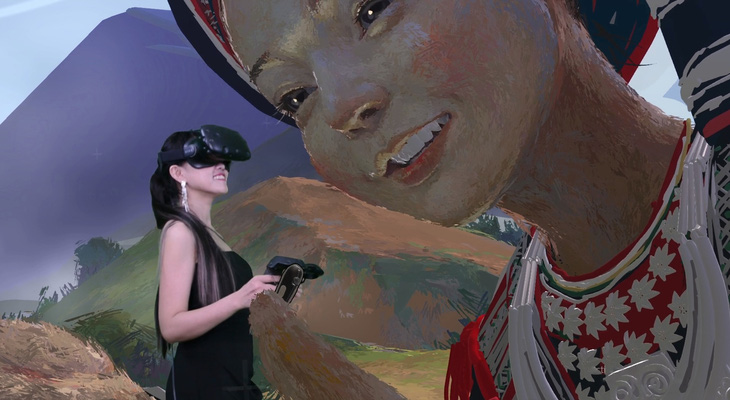 Minh Hằng sáng tạo tác phẩm nghệ thuật với một chiếc kính thực tế ảo và tay cầm điều khiển - Ảnh: NVCC