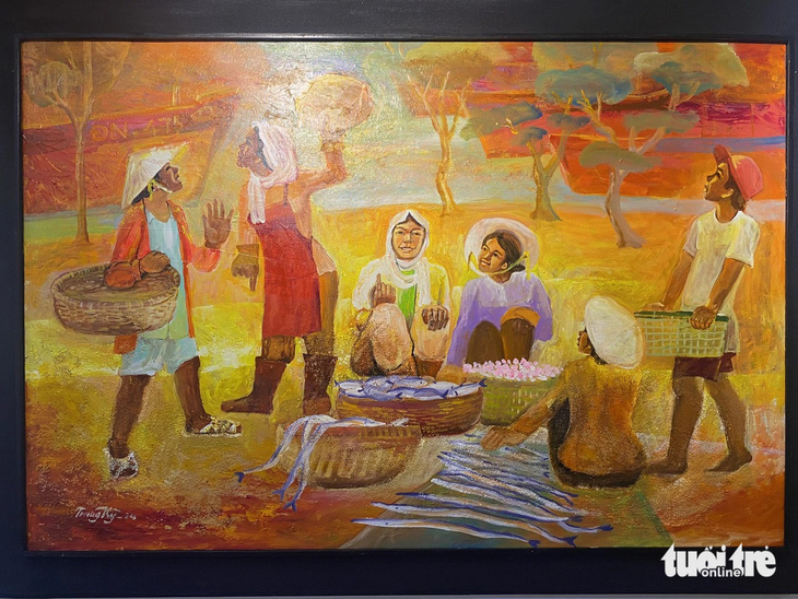 Tranh sơn dầu Chợ chờm hỡm của tác giả Nguyễn Trung Kỳ - Ảnh: TRƯỜNG TRUNG