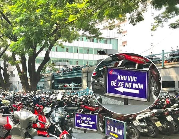 Ảnh bãi xe ở một trường đại học có tấm bảng "khu vực để xe nợ môn" đăng trên mạng xã hội là ảnh cắt ghép - Ảnh đăng trên trang Sài Gòn của tôi
