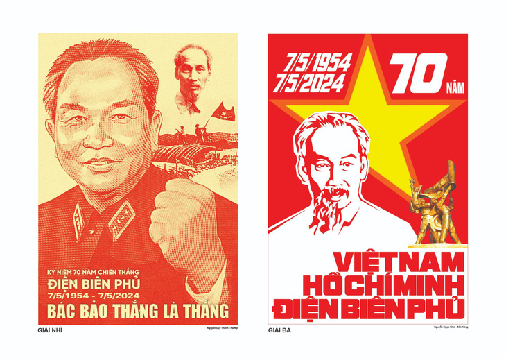Tác phẩm Bác bảo thắng là thắng (trái) của Nguyễn Duy Thành đoạt giải nhì, Việt Nam Hồ Chí Minh Điện Biên Phủ (phải) của Nguyễn Ngọc Khai giải ba