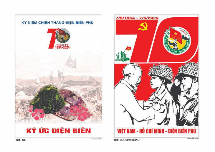 Tác phẩm Ký ức Điện Biên của Lê Ngọc Thể (trái) đoạt giải ba và Việt Nam - Hồ Chí Minh - Điện Biên Phủ (phải) giải khuyến khích