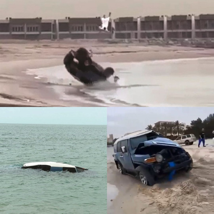 Chiếc SUV Toyota "bơi" ngoài biển trước khi được cứu hộ cẩu lên bờ - Ảnh: Carscoops