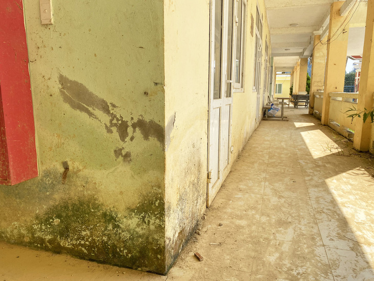 Rêu bám đầy tường trong ngôi trường hơn 63 tỉ đồng - Ảnh: LÊ TRUNG