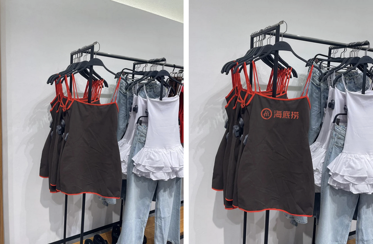 Chiếc váy Zara (trái) được chỉnh sửa giống hệt chiếc tạp dề với logo quen thuộc của Haidilao (phải) 