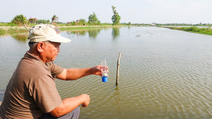 Người dân ở huyện An Biên (tỉnh Kiên Giang) đo nồng độ mặn để thả nuôi tôm sú trên nền đất lúa - Ảnh: C.CÔNG