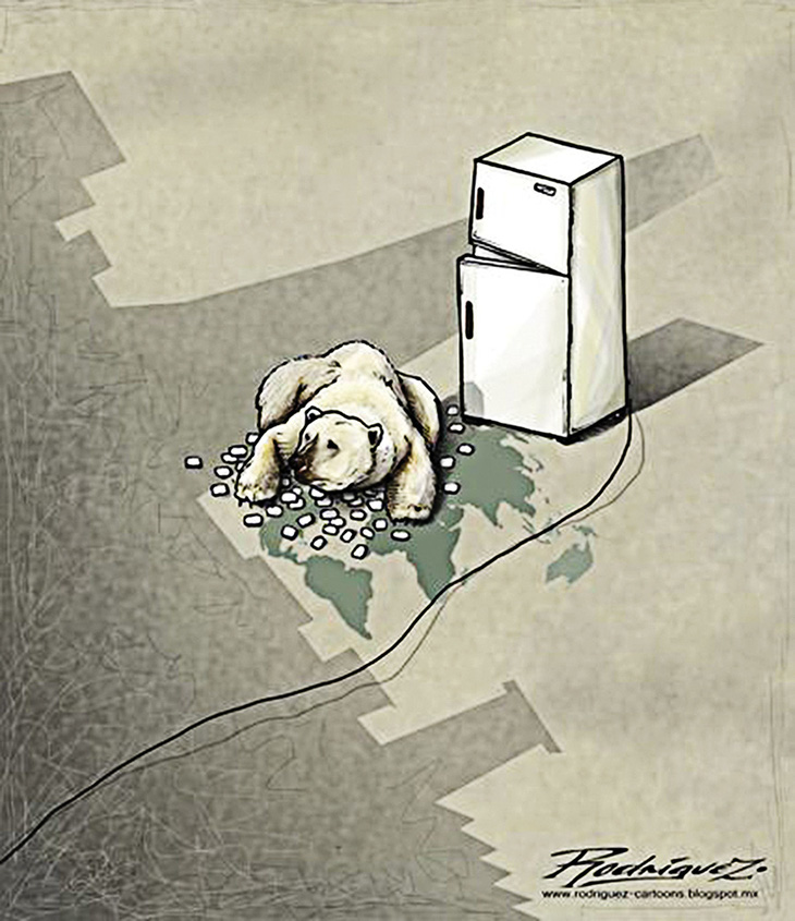 Quà an ủi cho gấu trắng: một tủ lạnh xài năng lượng mặt trời! - tranh của José Antonio Rodríguez García, họa sĩ Mexico.