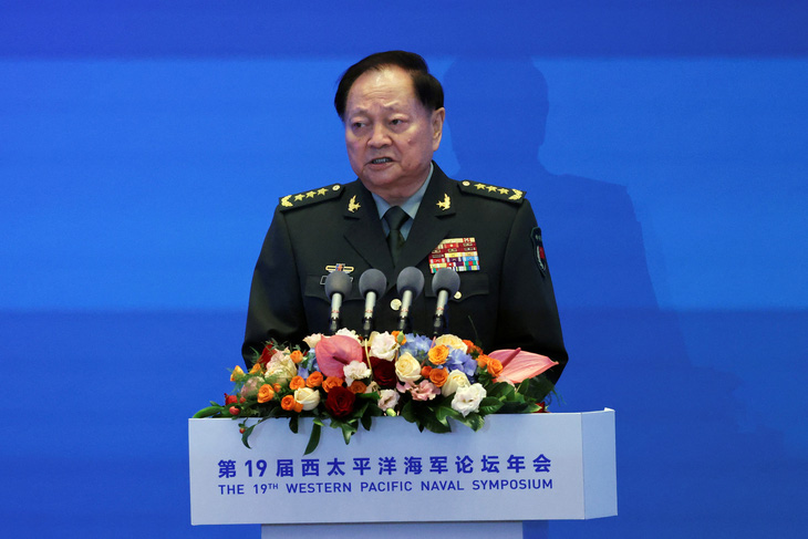 Phó chủ tịch Quân ủy Trung ương Trung Quốc Trương Hựu Hiệp (Zhang Youxia) phát biểu tại khai mạc Hội nghị chuyên đề hải quân Tây Thái Bình Dương ngày 22-4 - Ảnh: REUTERS