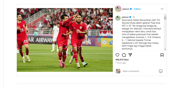 Tổng thống Indonesia Joko Widodo đánh giá cao sự thành công của U23 Indonesia - Ảnh chụp màn hình
