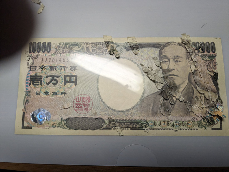 Cậu bé sử dụng một tờ 10.000 yen nguyên vẹn để đối chiếu từng mảnh vụn.