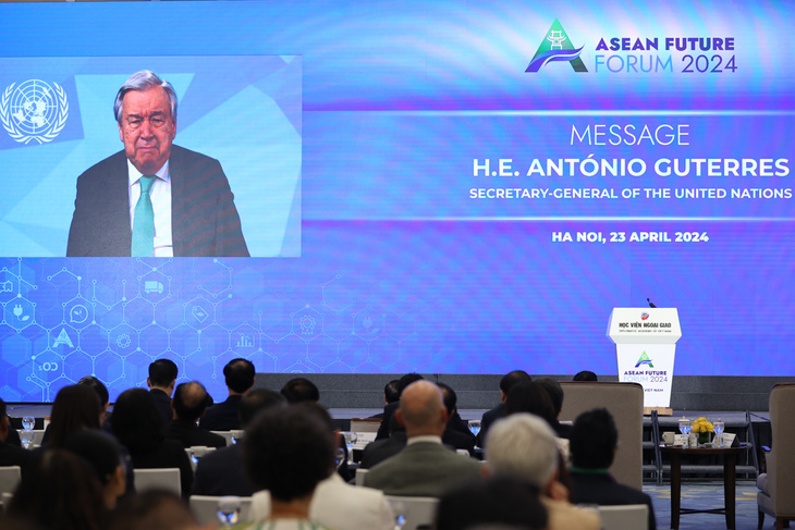 Tổng thư ký Liên Hiệp Quốc Antonio Guterres gửi thông điệp ghi hình đến Diễn đàn Tương lai ASEAN ngày 23-4 - Ảnh: VGP