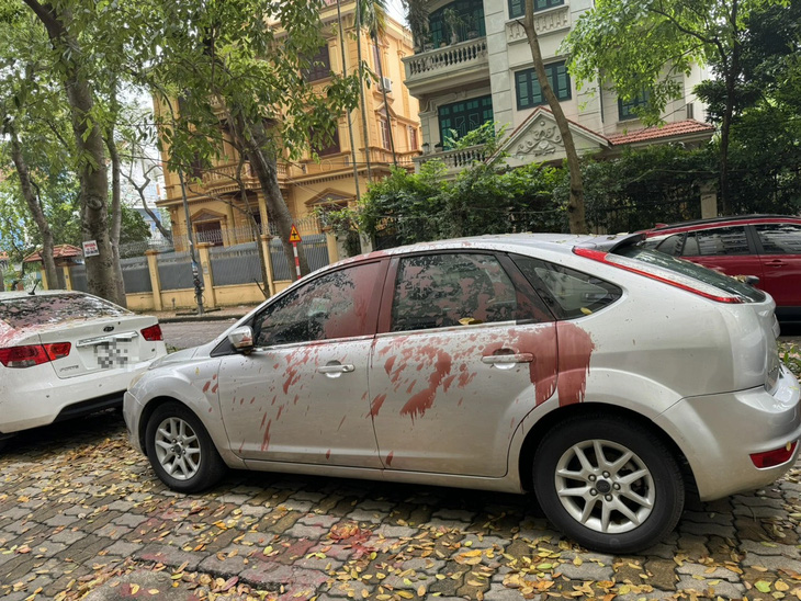 Một chiếc ô tô bị tạt sơn đỏ nhem nhuốc - Ảnh: Người dân cung cấp