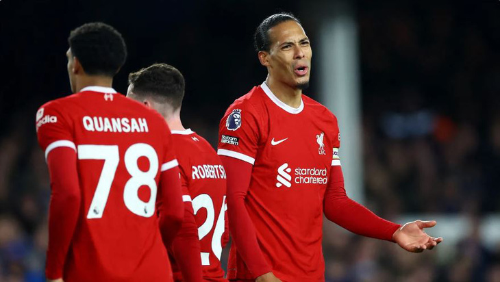 Virgil van Dijk thể hiện sự thất vọng sau khi Liverpool thất bại 0-2 trước Everton - Ảnh: Premierleague
