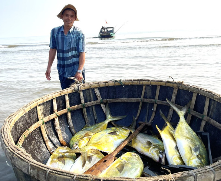 Ngư dân vận chuyển mẻ cá chim vây vàng đánh bắt được đưa vào bờ - Ảnh: H.A.