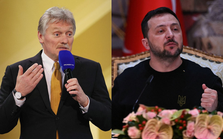 Người phát ngôn Điện Kremlin Dmitry Peskov (trái) và Tổng thống Ukraine Volodymyr Zelensky - Ảnh: AFP