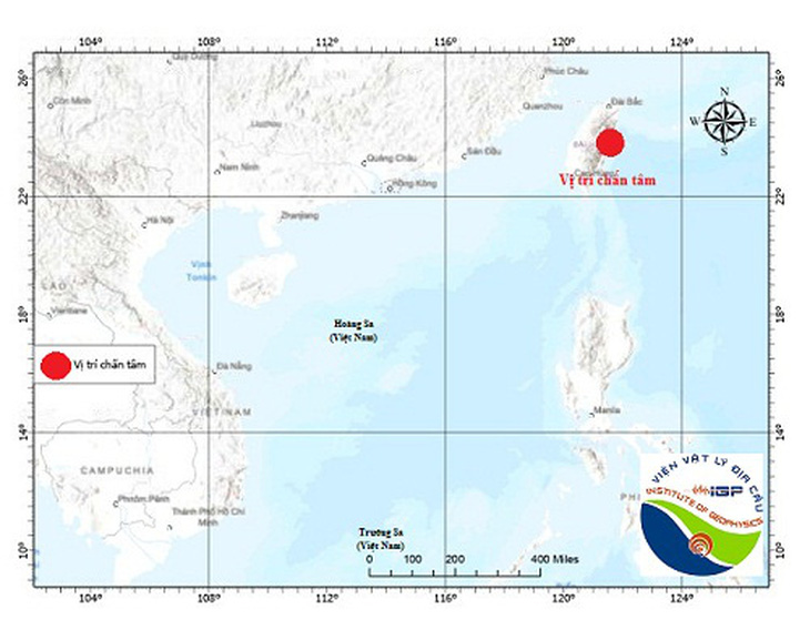 Bản đồ tâm chấn trận động đất mạnh ở Đài Loan - Ảnh: Viện Vật lý địa cầu