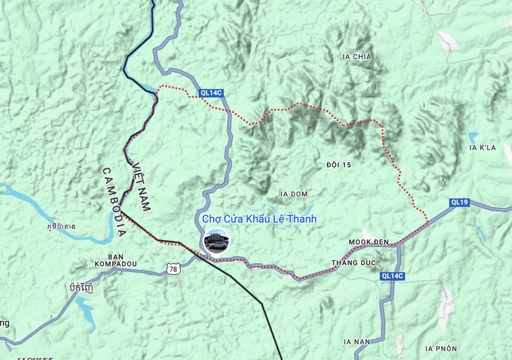 Xã biên giới Ia Dom, huyện Đức Cơ, tỉnh Gia Lai, nơi xảy ra vụ đuối nước làm ba người chết ngày 30-4 - Ảnh: Google Maps 