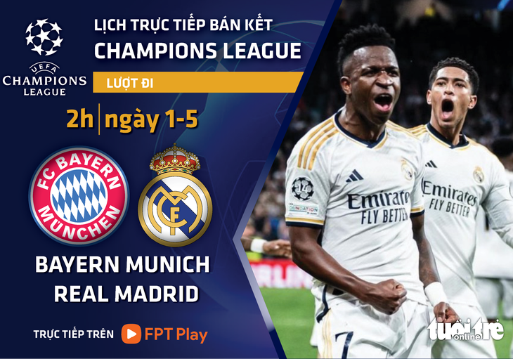 Lịch trực tiếp bán kết Champions League: Real Madrid đấu với Bayern Munich