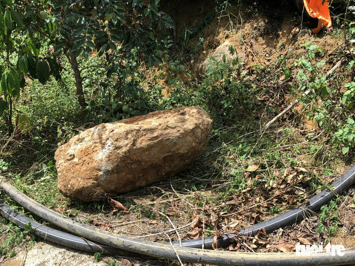 Một tảng đá khác lăn xuống vườn nhà dân ở trong những lần nổ mìn khác tại mỏ đá - Ảnh: L.A.