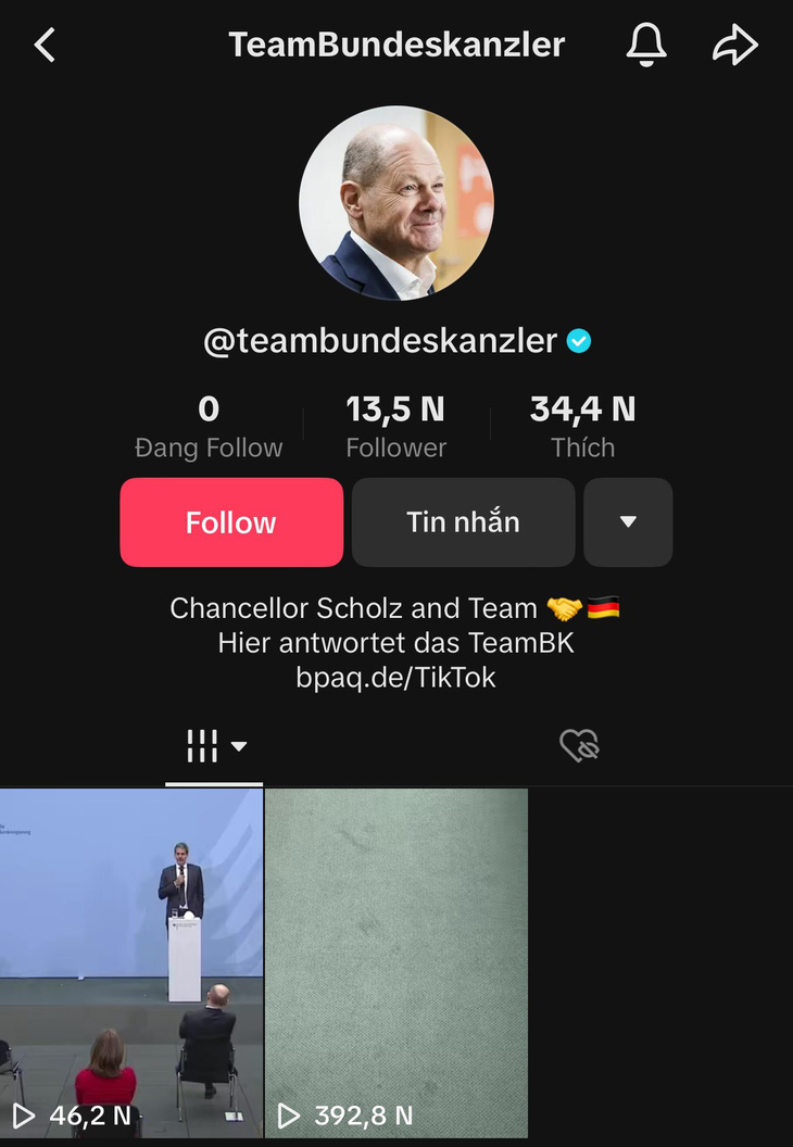 Tài khoản TikTok của Thủ tướng Đức Olaf Scholz - Ảnh chụp màn hình