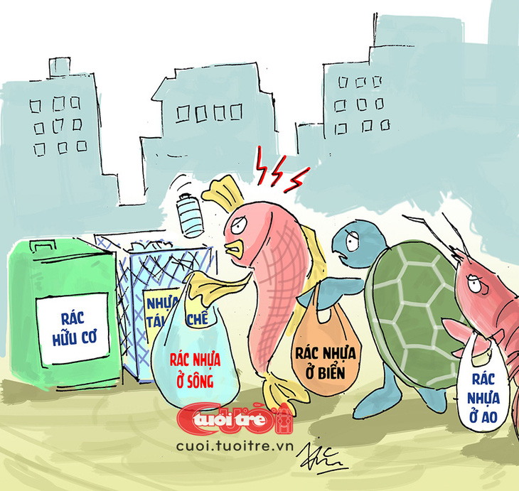 Thủy sản, hải sản phải ngoi lên bờ vì "lạm phát" rác thải - Tranh: Trần Đức Văn 