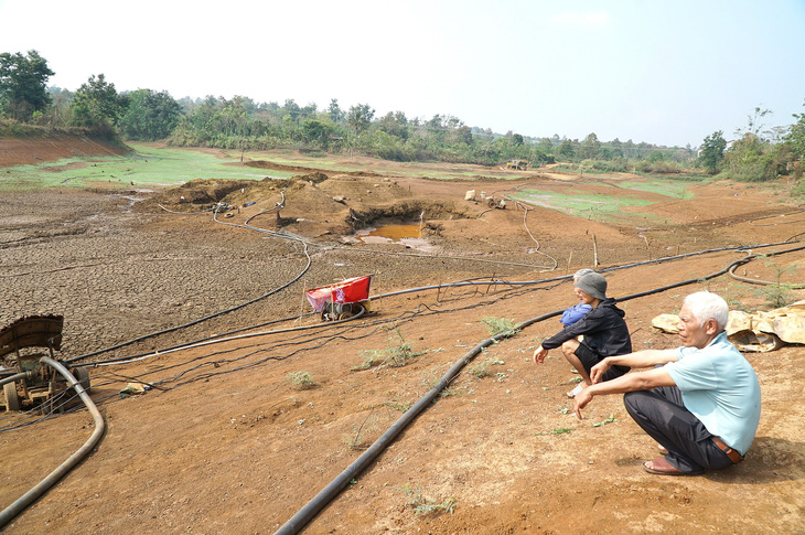 Người dân tại huyện Đắk Mil, Đắk Nông ngóng nước mạch chảy ra các hố đào giữa lòng hồ để tưới cho cây trồng - Ảnh: ĐỨC LẬP