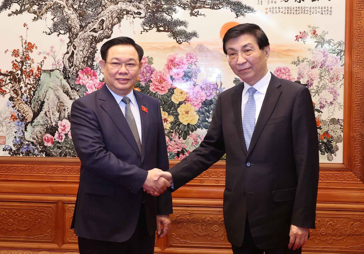 Chủ tịch Chính hiệp toàn quốc Trung Quốc Vương Hộ Ninh đón Chủ tịch Quốc hội Vương Đình Huệ - Ảnh: TTXVN