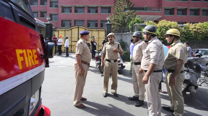 Cảnh sát và nhân viên sở cứu hỏa bên ngoài một trường học tại khu Mayur Vihar, Delhi, sau khi nhiều trường học bị đe dọa đánh bom ngày 1-5 - Ảnh: PTI