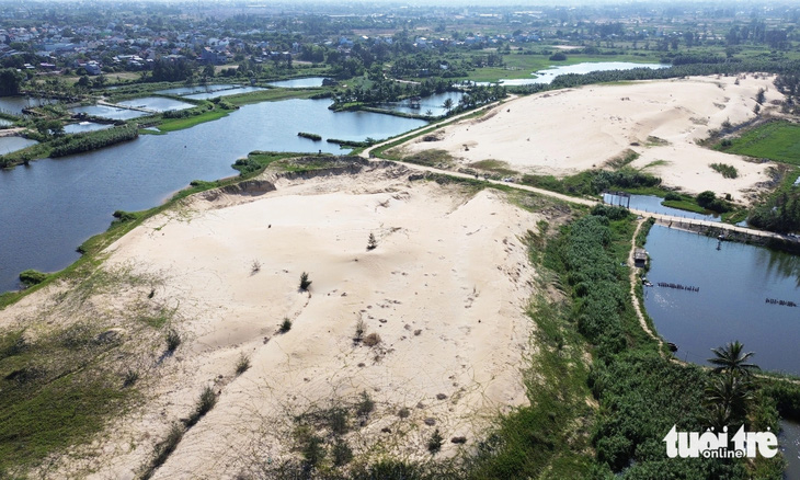 Bãi cát khổng lồ nằm bên sông Cổ Cò từ dự án nạo vét hai năm qua vẫn chưa được bán đấu giá thành công - Ảnh: LÊ TRUNG