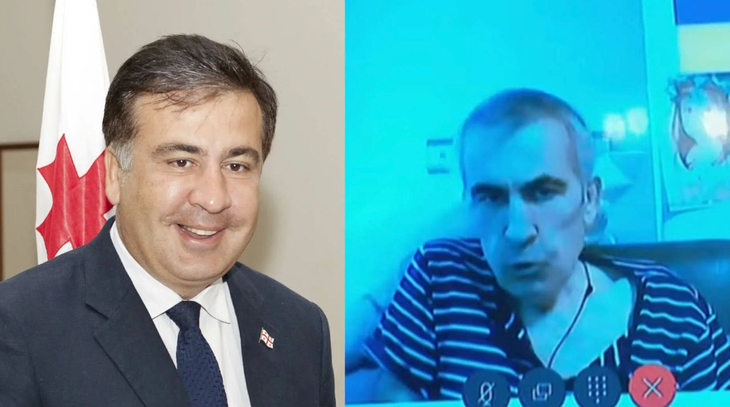Cựu tổng thống Mikheil Saakashvili khi còn tại chức (trái) và hiện đang nằm viện (phải). Ảnh: x.com