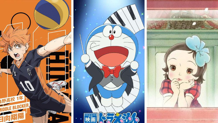 Những bộ anime ra rạp tháng 5 (từ trái sang phải) Haikyu!!: Trận chiến bãi phế liệu, Doraemon: Nobita và bản giao hưởng địa cầu và Totto-chan: Cô bé bên cửa sổ - Ảnh: Fahasa/CGV
