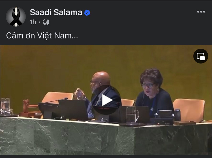 Đại sứ Palestine Saadi Salama cảm ơn sự ủng hộ của Việt Nam tại Liên Hiệp Quốc ngày 11-5 - Ảnh: Chụp màn hình Facebook