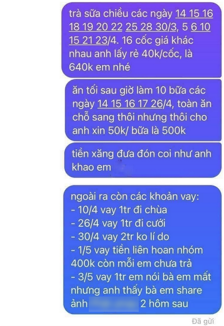 Danh sách chi tiết số tiền đã chi cho 