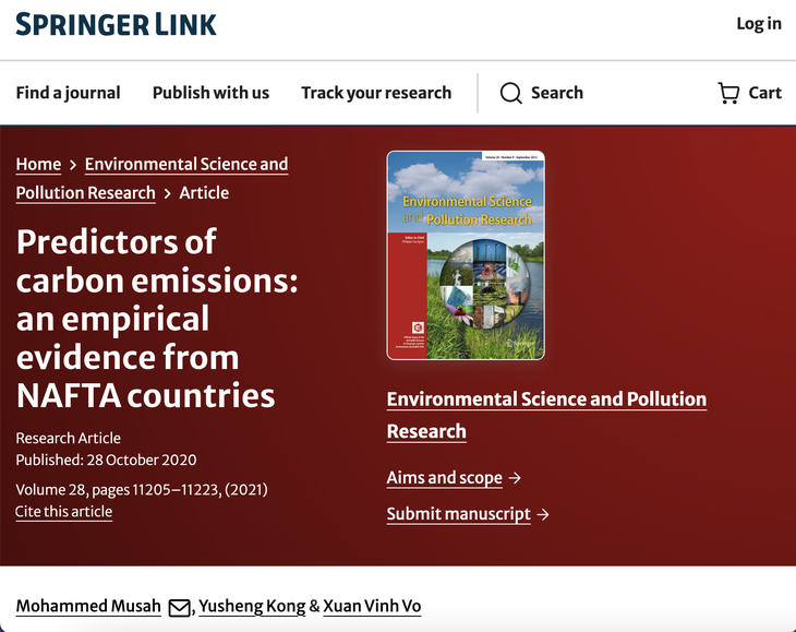 Bài báo có tên tác giả Võ Xuân Vinh vẫn còn trên tạp chí Environmental Science and Pollution Research nhưng dữ liệu bài báo này không còn trên thư viện UEH - Ảnh chụp màn hình
