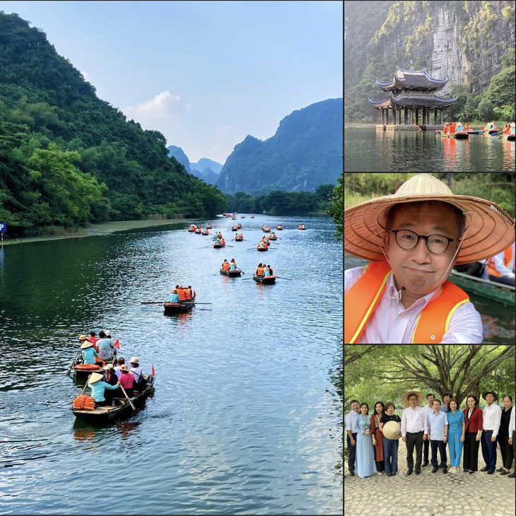 Đại sứ Yamada Takio đội nón lá, tham quan quần thể danh thắng Tràng An ở Ninh Bình trong thời gian ở Việt Nam - Ảnh: Đại sứ quán Nhật Bản